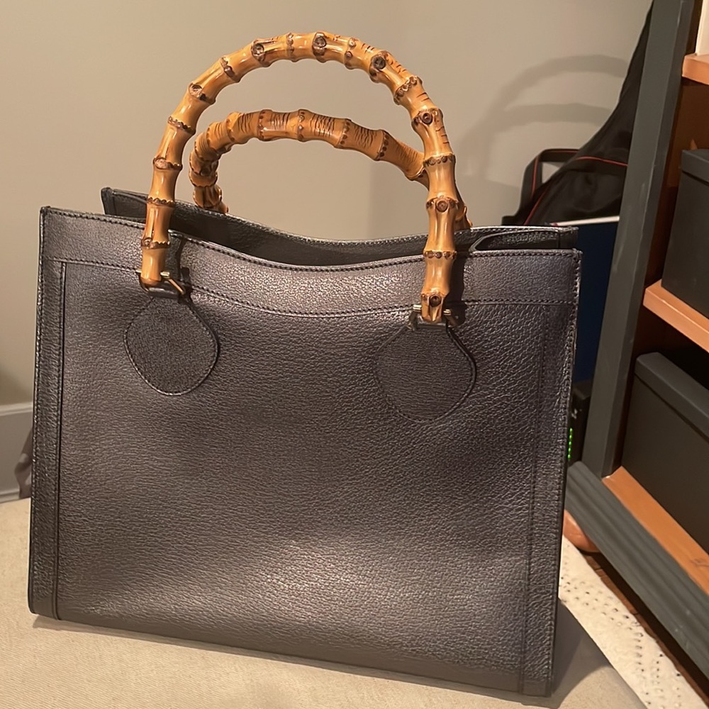 Gucci bamboo tote. Grey with a slight metallic sheen. Authenticated by Real Real